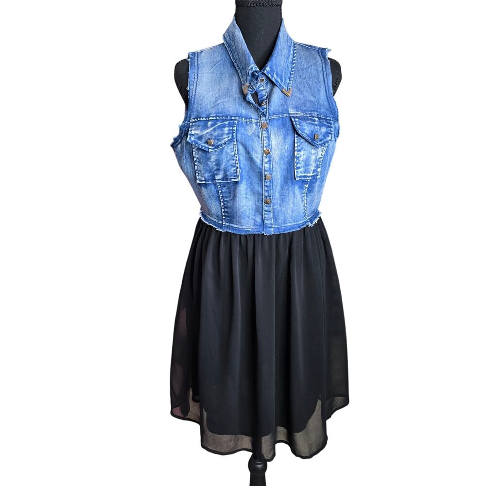 Ya Los Angeles Distressed Denim Sleeveless Flared Dress Sz L